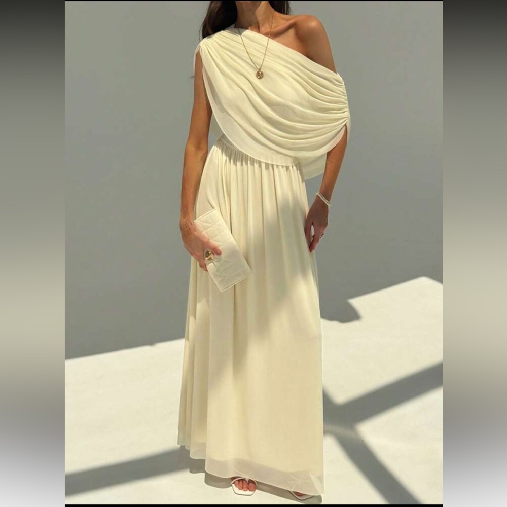 Cream butter yellow mesh ruched asymmetrical draped semi formal maxi dress - Picture 2 of 7